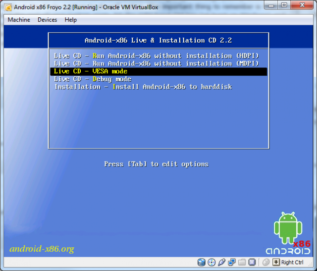 The Android-x86 boot menu
